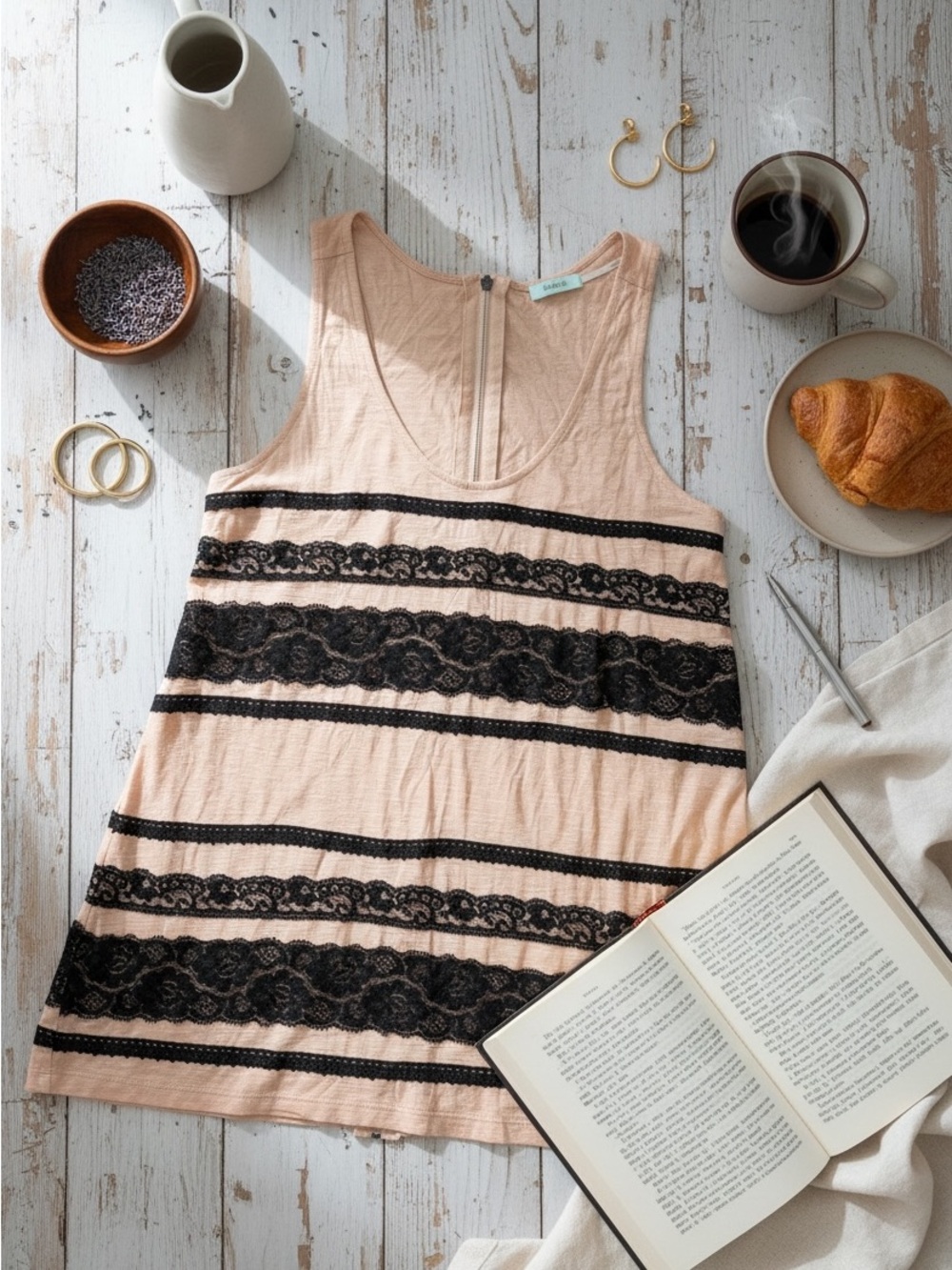 Kimchi Blue Blush Tank with Black Lace Stripes